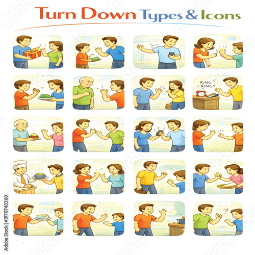 Turn Down Types Icons Set Vector Illustration, Downward Rotation and Decrease Control Symbols Collection