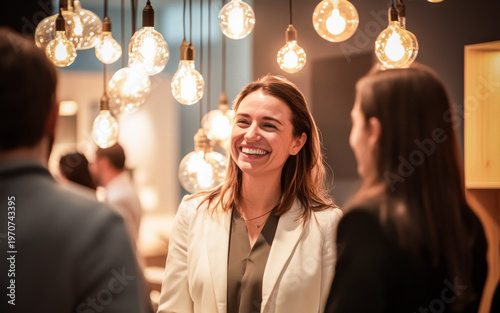 Modern businesswoman confidently networks at innovative business trade show, surrounded by bright lights dynamic energy, symbolizing driven connections and leadership.