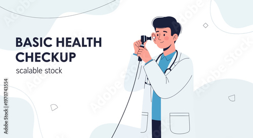 Doctor performing basic health checkup with otoscope, medical concept illustration