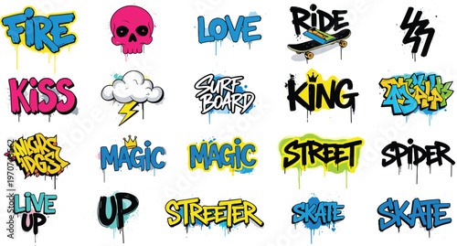 Illustration Set of Graffiti Typography and Urban Street Art Elements with Colorful Text Styles for Hip Hop, Skate, and Youth Culture Designs