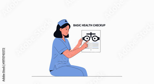 Nurse holding eye chart for basic health checkup, vision test illustration