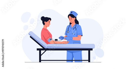 Nurse checking patient's blood pressure on examination table in clinic