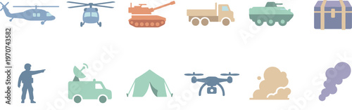 Flat design vector military icon set featuring helicopters, tanks, soldiers, drones, tents, and war equipment.