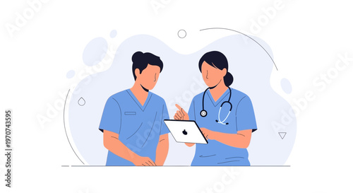 Two doctors in blue scrubs discussing medical data on a tablet