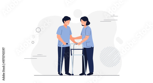 Nurse helping elderly man with walker, rehabilitation and care concept