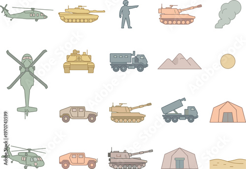 Flat design military vector icons featuring helicopters, tanks, soldiers.