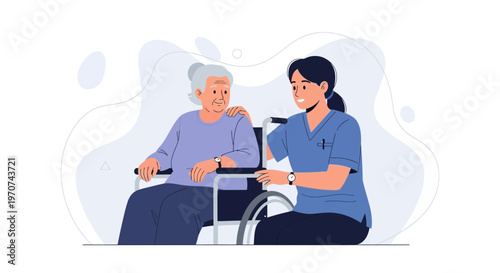 Caring nurse assisting elderly woman in wheelchair, showing support and compassion