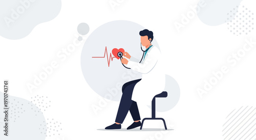 Doctor with Stethoscope Examines Heartbeat EKG Line, Medical Concept