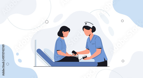 Nurse measuring patient's blood pressure on examination table, medical checkup illustration