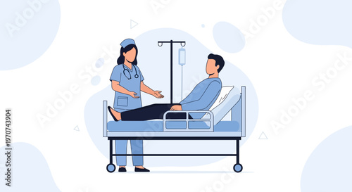 Nurse caring for patient in hospital bed with IV drip, medical illustration