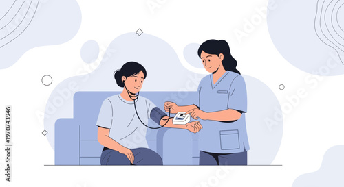 Nurse checking patient's blood pressure at home, healthcare concept
