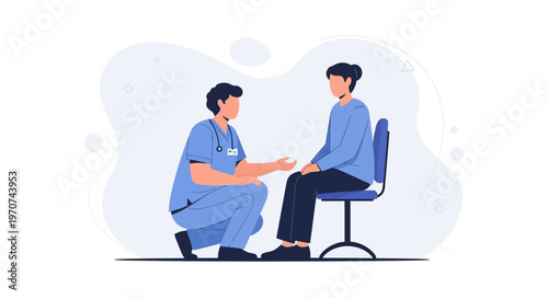 Doctor Consults Patient: Healthcare Professional in Blue Scrubs Kneeling Beside Seated Person