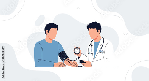 Doctor measuring patient's blood pressure with sphygmomanometer, medical checkup illustration