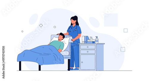 Nurse Caring for Patient in Hospital Bed, Medical Care and Support Concept