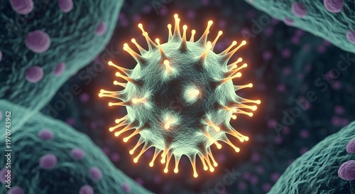 Microscopic view of a glowing coronavirus particle with spike proteins.