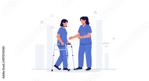 Nurse assisting patient with walker, rehabilitation and physical therapy concept