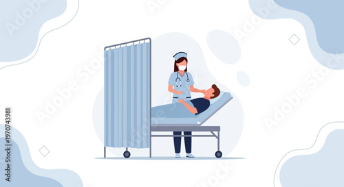 Nurse examining patient in hospital bed with privacy curtain, medical care concept