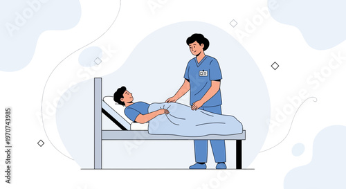 Nurse caring for patient in hospital bed, medical illustration, healthcare concept