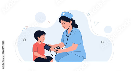 Nurse checking child's blood pressure, healthcare concept illustration