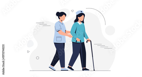 Nurse Helping Elderly Woman Walk With Cane, Medical Care, Home Assistance