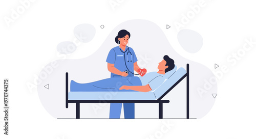 Nurse checking patient's heartbeat with stethoscope in hospital bed, medical care concept