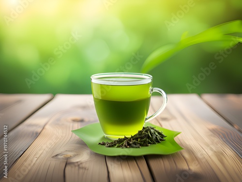 cup of green tea and fresh mint leaves