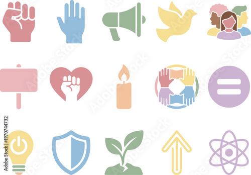 Flat design vector icon set symbolizing social justice, equality, peace, and human rights on white background.