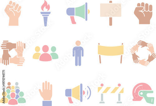 Modern flat design vector illustration of protest and solidarity icons for social justice campaigns.