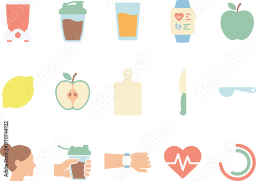 Vector illustration of health, fitness, and nutrition icons in a modern flat design.