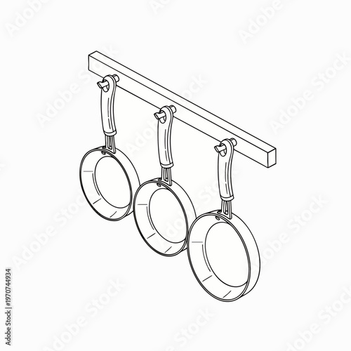 Three frying pans hanging from a bar in a kitchen, line art illustration, cooking equipment, kitchenware, culinary tools