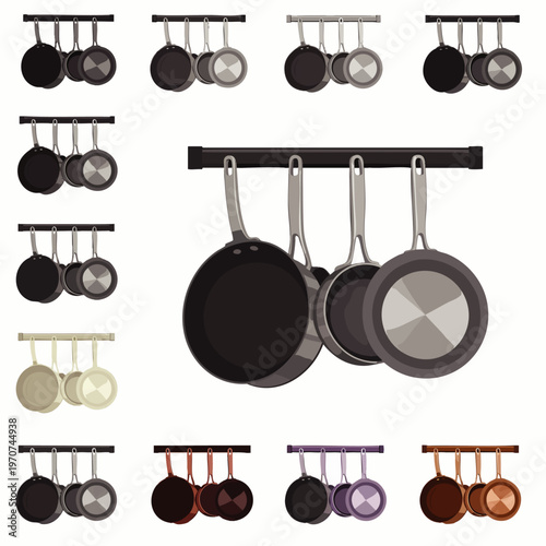 Set of various cookware pots and pans hanging on racks, kitchen utensils collection, cooking equipment, culinary tools