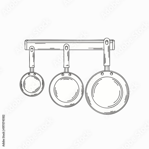 Monochrome line art illustration of assorted cooking skillets suspended on a kitchen rail, perfect for recipe blogs and culinary designs.