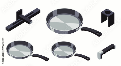 Isometric vector illustration set of various frying pans and kitchen utensils, perfect for cooking, culinary, and kitchen design concepts.