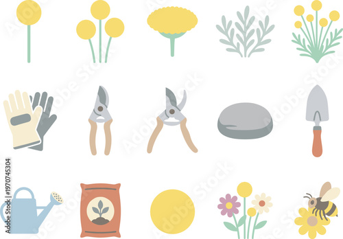 Flat design vector icon set of gardening tools, blooming flowers, a watering can.