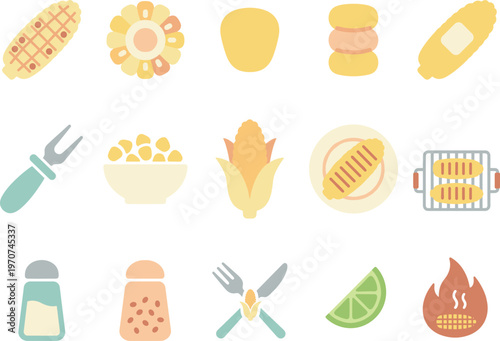Colorful flat design vector icons for corn on the cob, grilling tools, and seasonings, perfect for summer barbecues.