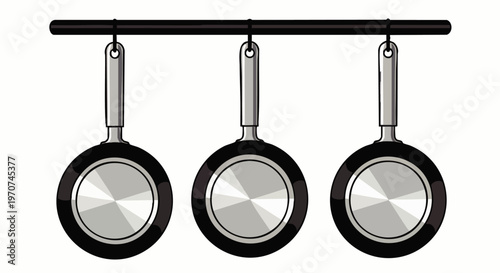 Three black frying pans hanging from a metal rack on a white background, kitchenware, cooking equipment