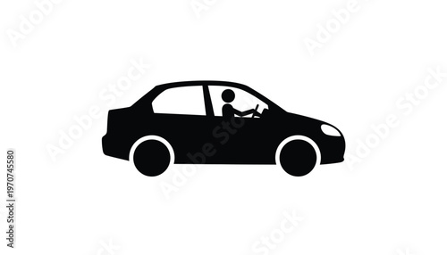 Minimalist vector illustration of a sedan car with a stick figure driver for transportation concepts.