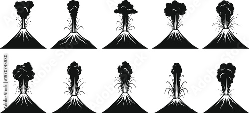Silhouettes of erupting volcanoes with smoke and lava bursts, volcanic eruption vector icons, natural disaster illustration, explosive volcano activity, mountain smoke explosion