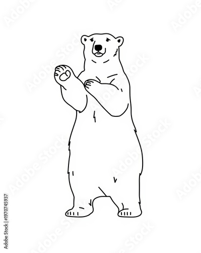 A simple black and white line drawing of a majestic polar bear standing on its hind legs tall. isolated on white background