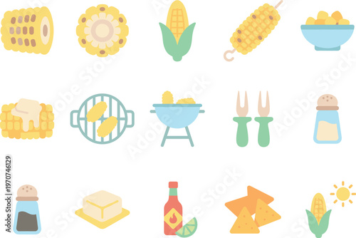 Flat design vector icon set of corn on the cob, corn kernels, grilling items.