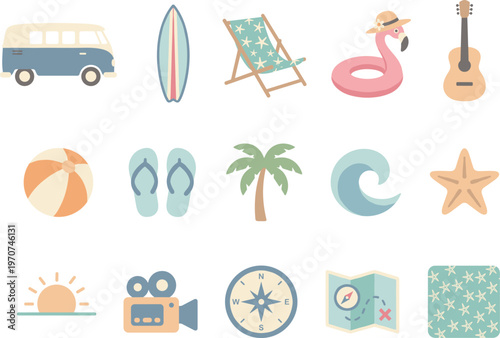 Modern flat design vector illustration of a charming summer travel and beach holiday icon set for web.
