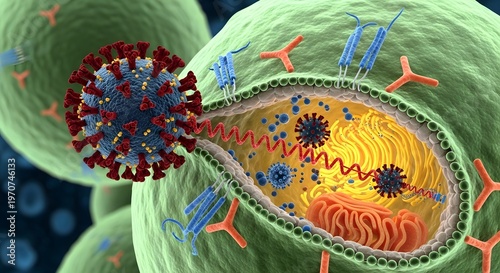 Microscopic view of a virus infecting a human cell illustrating the process of cellular invasion and replication.
