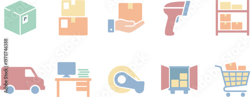 Flat design vector illustration icon set for logistics, shipping, delivery, and warehouse operations.