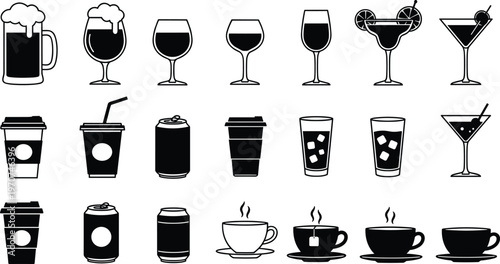 Stylized beverage icons including coffee, cocktails, wine, beer, soda, and tea cups in outline and solid black vector format