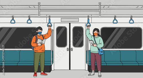 People Wearing Masks Holding Devices Inside Public Transportation Vector Illustration