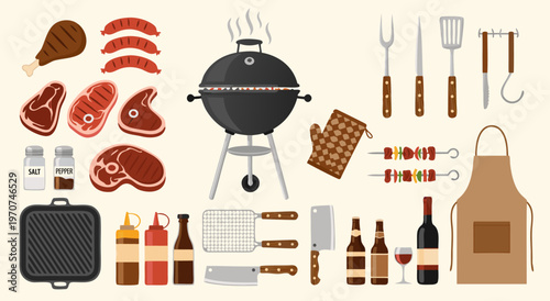 Vector illustration barbecue essentials, neatly arranged rows of meats utensils sauces vector illustration