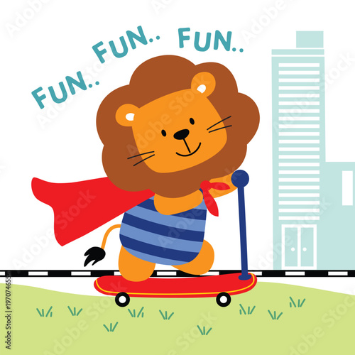A brave lion cub with a red cape and blue striped shirt rides a scooter with a cityscape in the background. Children's illustration concept