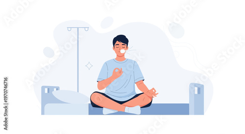 Man meditating in hospital bed, practicing mindfulness and breathing exercises