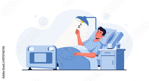 Man sleeping in hospital bed with bedside table and lamp, illustration