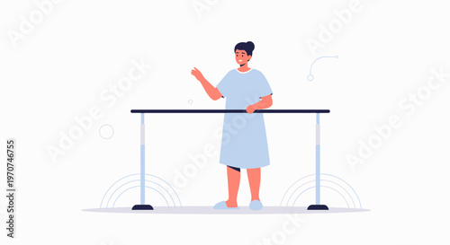 Patient with Prosthetic Leg Practicing Walking with Parallel Bars in Rehabilitation Center